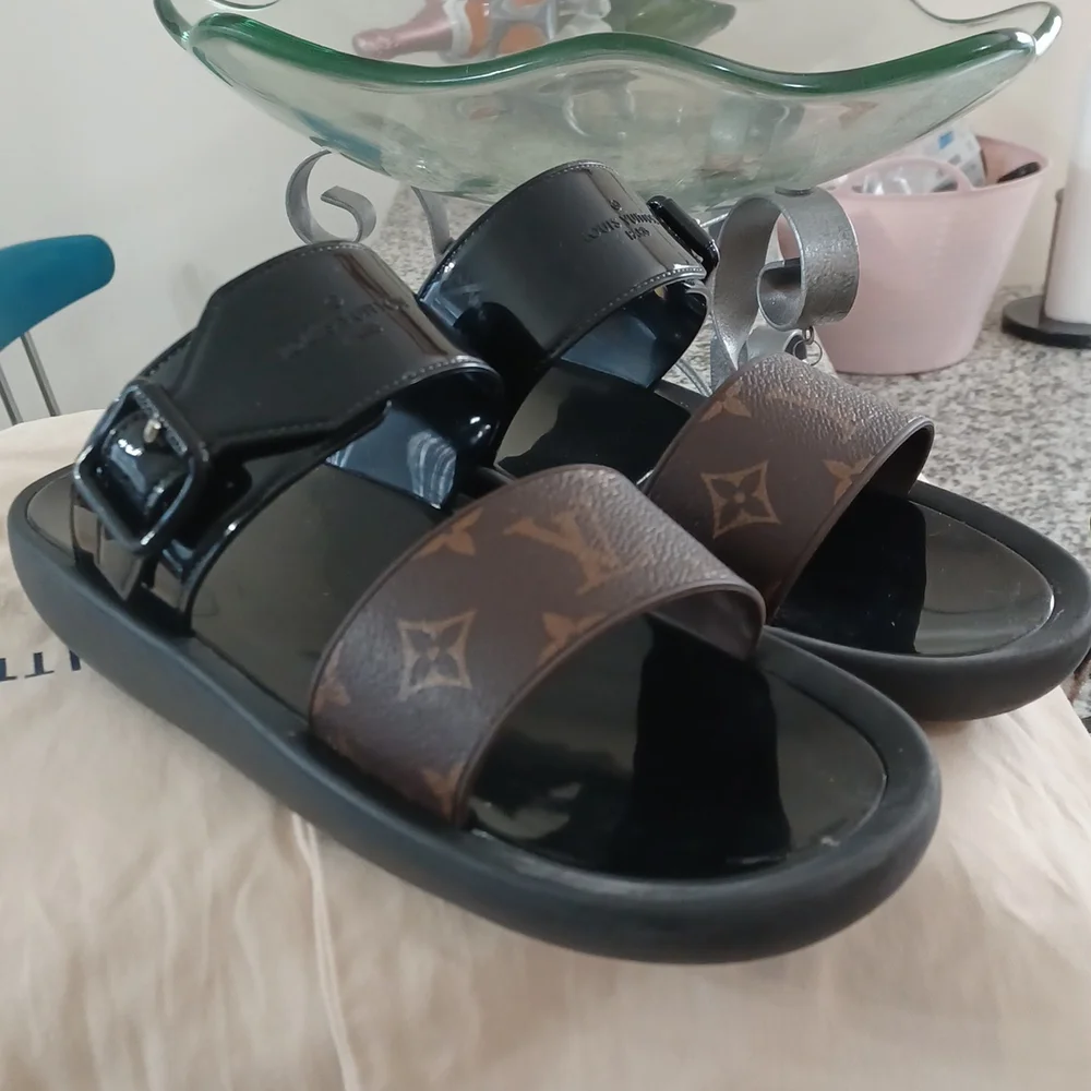 Louis Vuitton Brown Monogram & Black Patent Leather Sandals